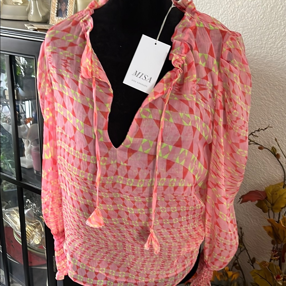 MISA Pink and Yellow Geometric Blouse